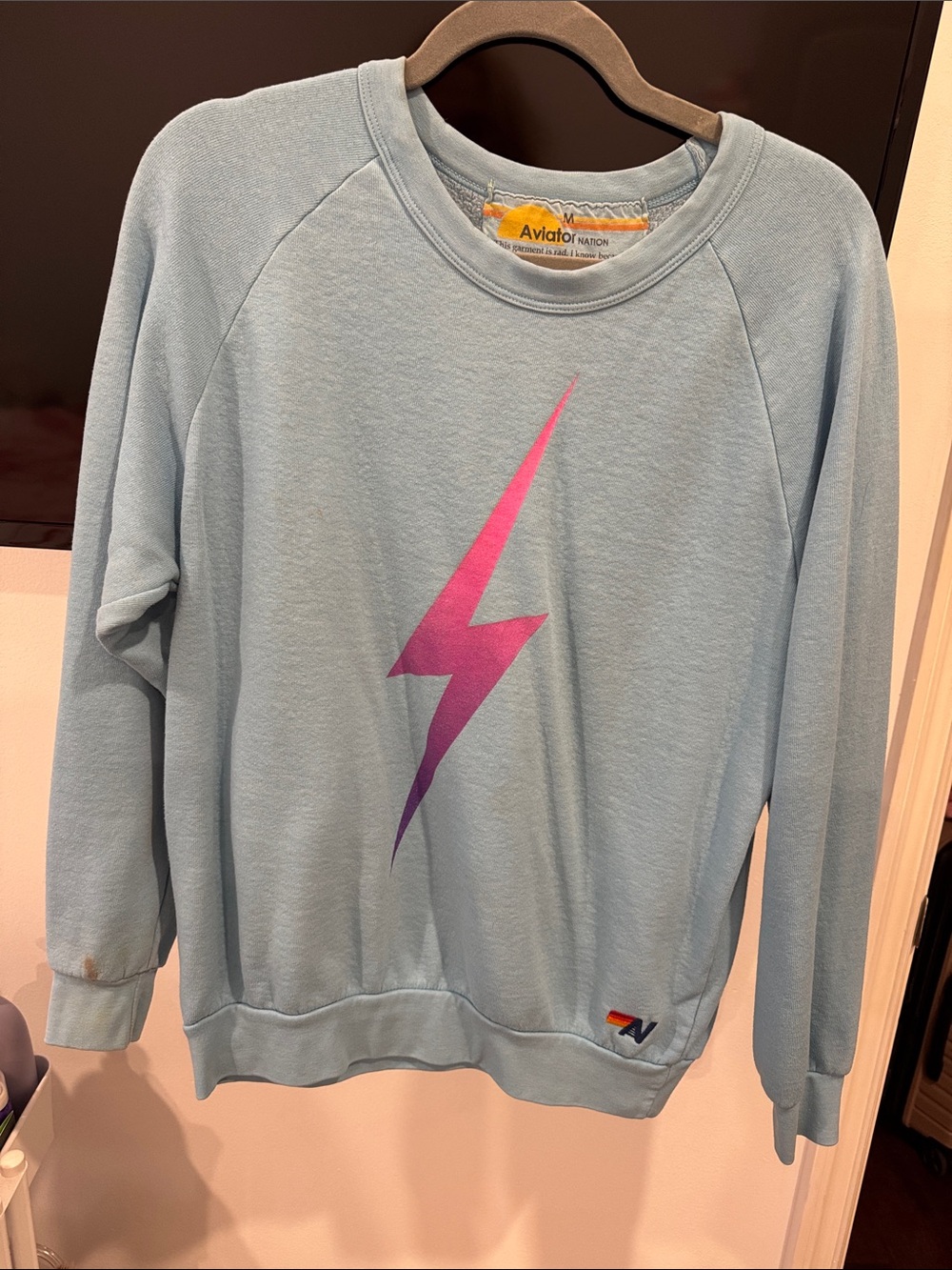 Aviator Nation Light Blue Crewneck with Pink-to-Purple Lightning Bolt SZ M